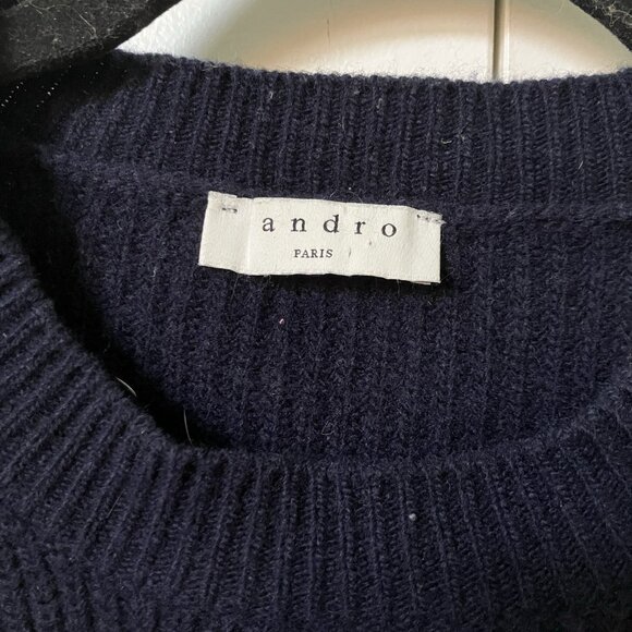 Sandro Paris Wool Lace Insert Sweater Womens 6 Navy Blue Knit Boho Oversized - Picture 2 of 11